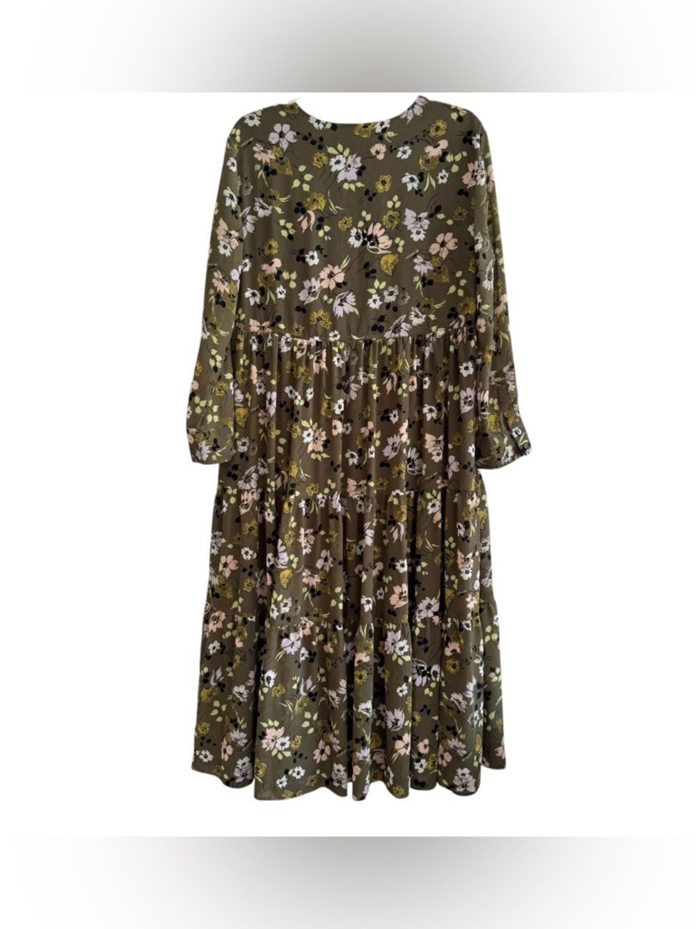 Madewell Cinch-Waist Tiered Midi Dress Wildblooms Olive Green Floral Cottage M - Picture 7 of 10